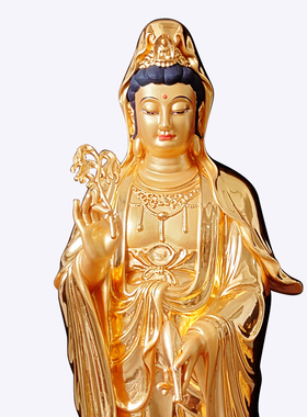 木雕贴金立像观音菩萨佛像摆件实木雕刻站像观世音订制厂家 圣造