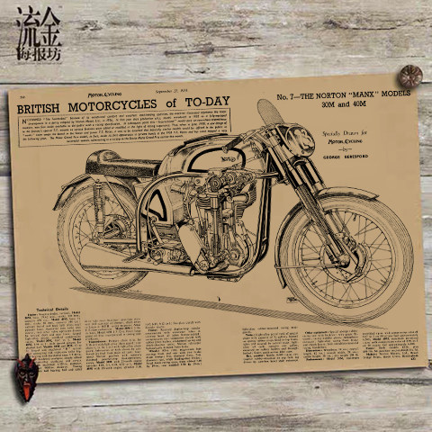 诺顿manx摩托车模型图海报复古牛皮纸装饰画芯宿舍壁纸贴画画芯