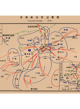 济南战役经过要图复古牛皮纸画酒吧咖啡厅装饰画客厅壁画画芯