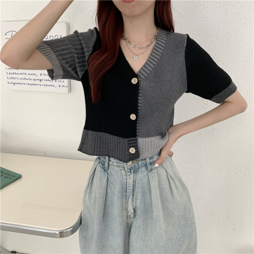 Real price summer new slim stitching color contrast cardigan V-neck top