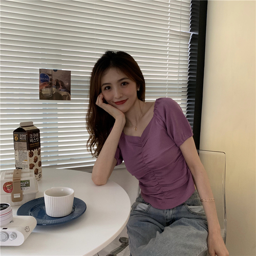 Real photo real price summer retro caution machine large V-neck pleated bubble sleeve T-shirt short sleeve T-shirt