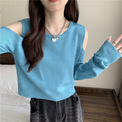 Real shot Autumn new solid color discreet off-shoulder loose long-sleeved T-shirt knitted top