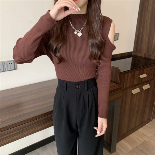 Real shot Half turtleneck slimming solid color off-shoulder long-sleeved knitted top