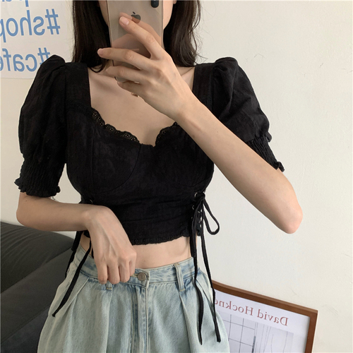 Actual shot of new small drawstring lace-up waist slimming top for women with square collar and exposed navel embroidered shirt