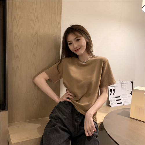 Real shot real price Korean suede knock beautiful color system round neck with foreign style self-contained bottom half sleeve shirt