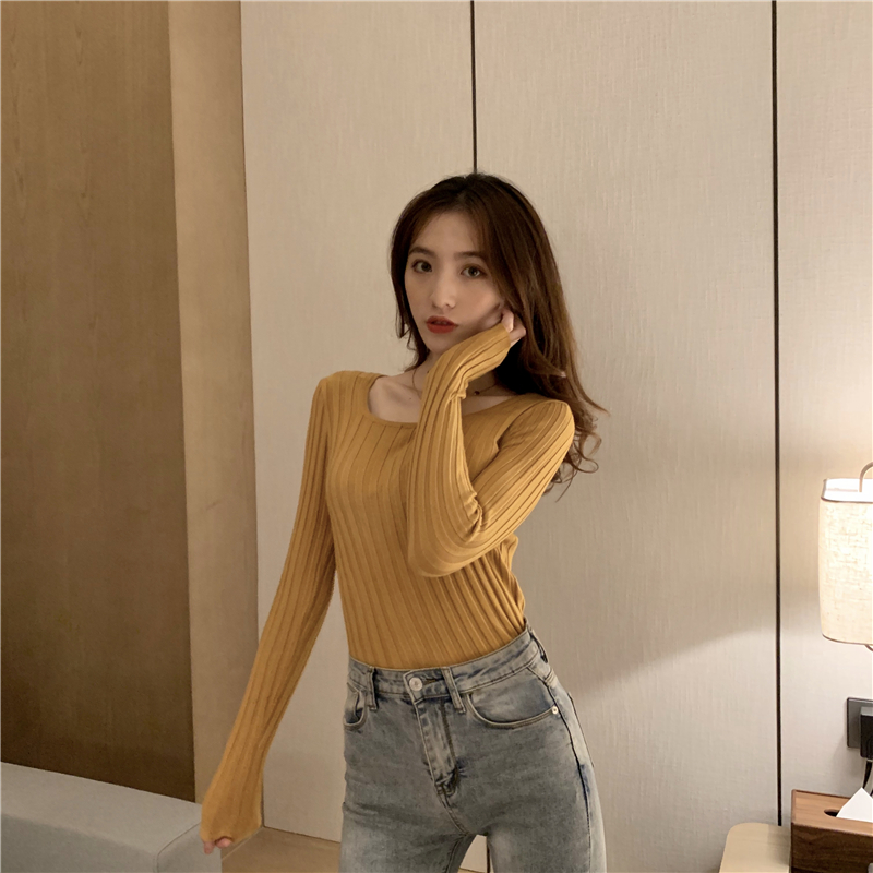 Real-price super-display clavicle simple basic pure color thin core-spun yarn square collar knitted shirt