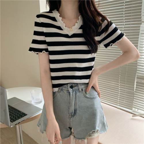 Real price summer striped wooden ear V-neck short knit shirt short sleeve T-shirt jacket