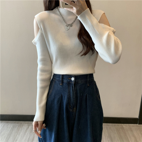 Real shot Half turtleneck slimming solid color off-shoulder long-sleeved knitted top