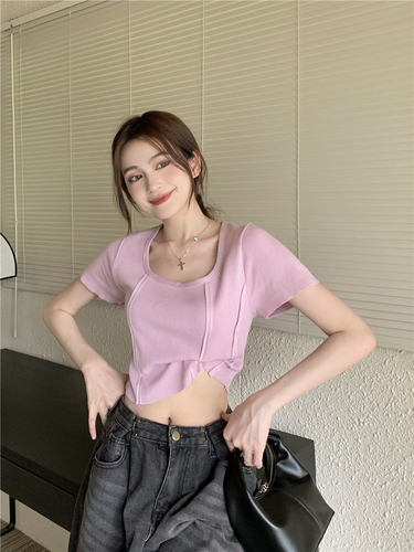 Real shot Summer new Korean style square collar design short-sleeved sweater crop top