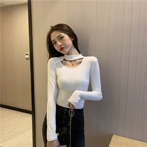Real shot real price hollow out show thin heart machine exposed collarbone half high neck hanging neck sweater autumn and winter new solid color bottoming shirt