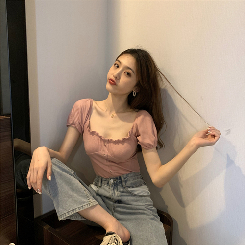 Real photo real price one shoulder T-shirt Hong Kong flavor V-neck tight sexy short sleeve top summer sweet show thin temperament show collarbone