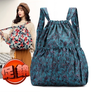 中老年双肩包买菜购物袋方便袋大容量防水背包女抽绳束口袋花布包