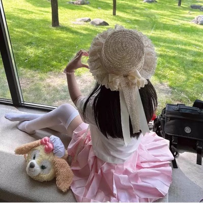 草帽lolita森系田园风手工日系感蕾丝蝴蝶结飘带草编遮阳防晒帽子