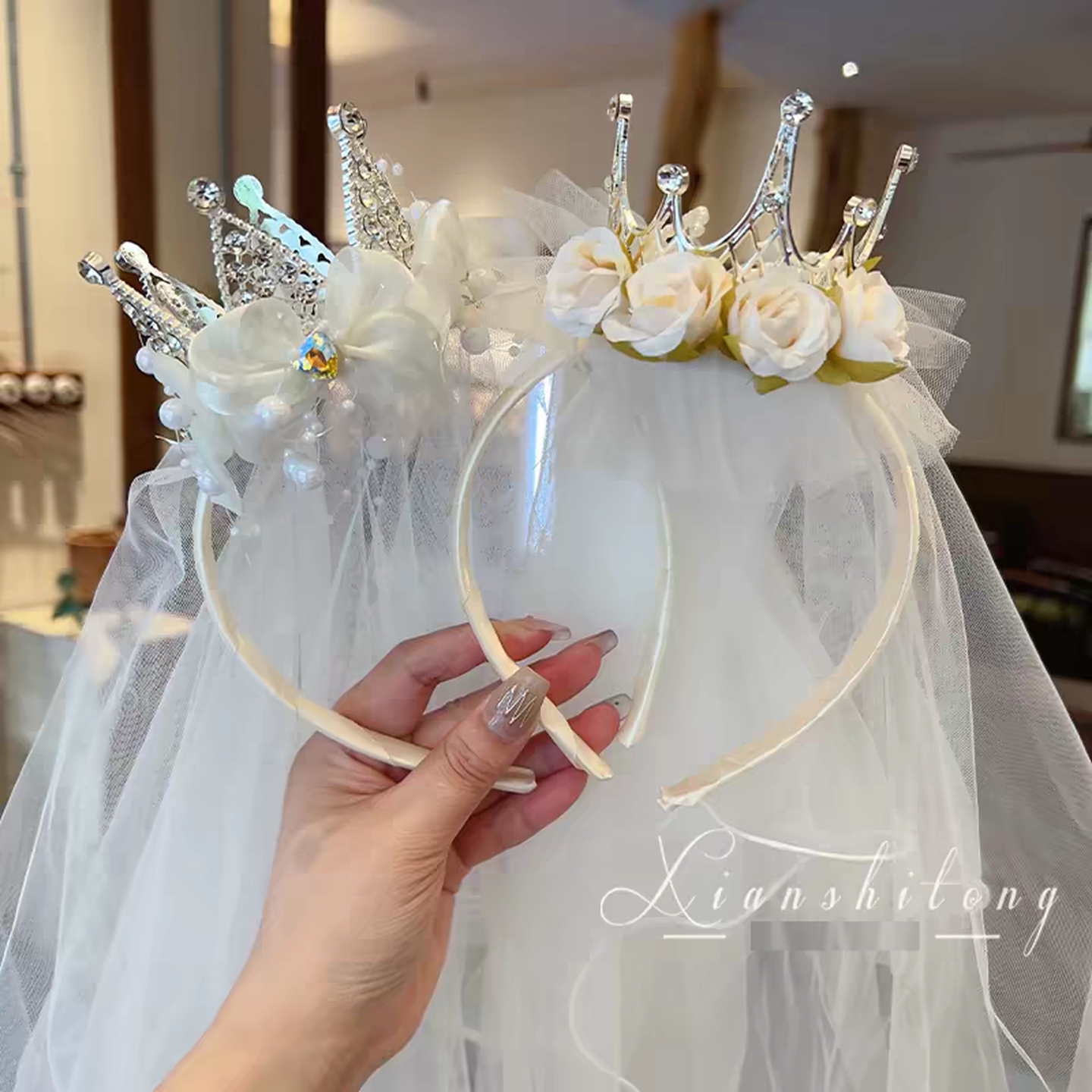 粉色头纱女童公主裙发饰宝宝皇冠演出发卡小女孩头饰儿童生日发箍