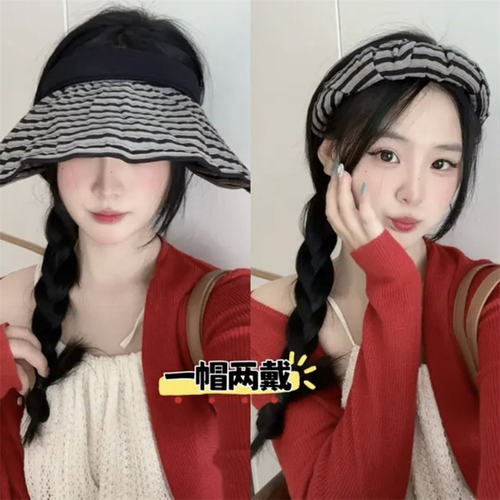 遮阳帽发箍式防晒帽空顶帽大檐夏季百搭条纹发箍帽子休闲太阳帽子