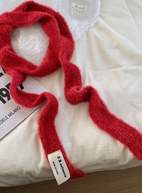 红色丝巾长条韩系条纹拼色细窄围巾女秋冬y2k氛围感针织毛线围脖