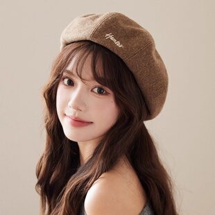 女帽子洋气时髦贝雷帽咖色复古贝显脸小春秋冬季毛呢韩版画家帽子