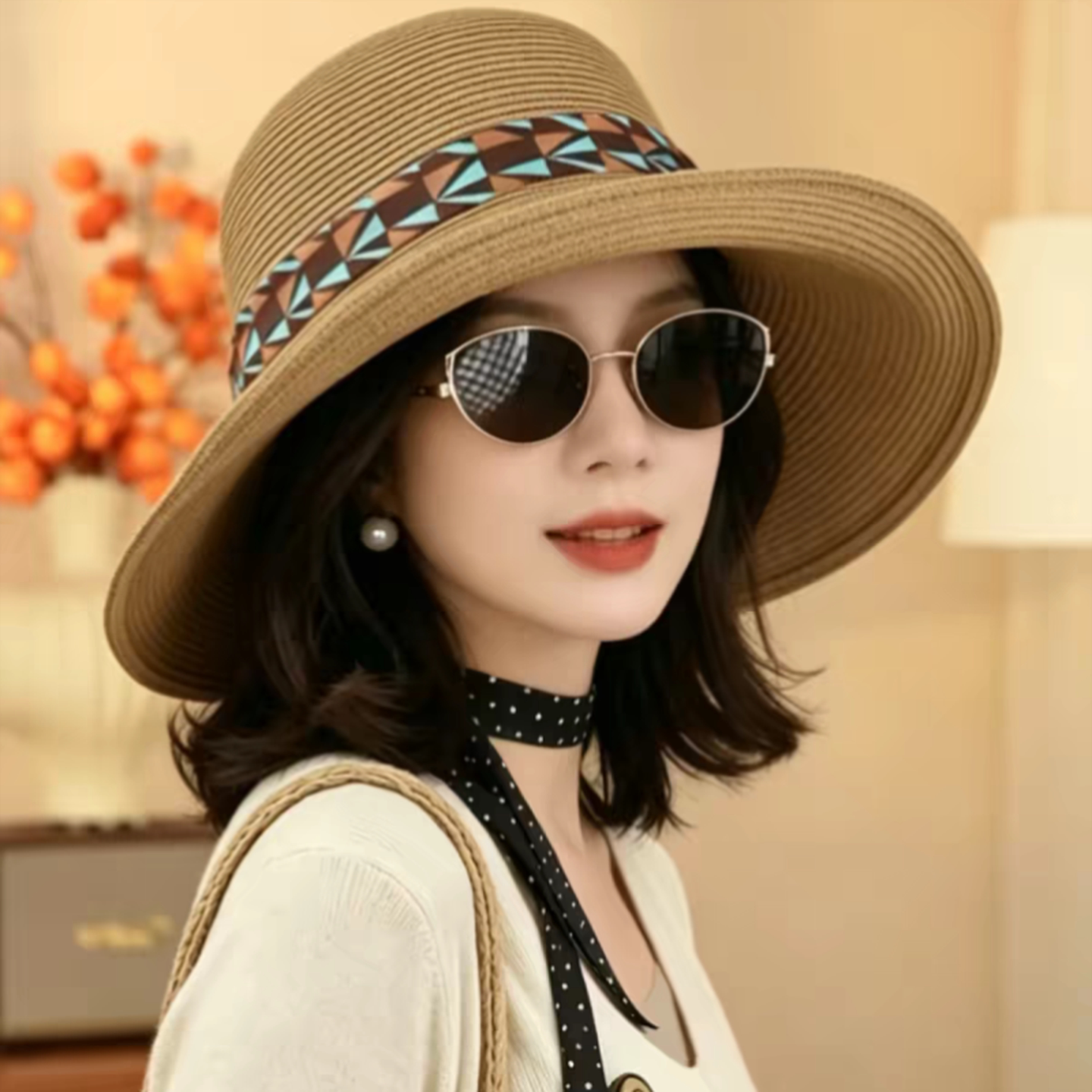 旅游拍照草编大帽檐渔夫帽女士沙滩草帽夏季防晒帽遮阳帽海边帽子