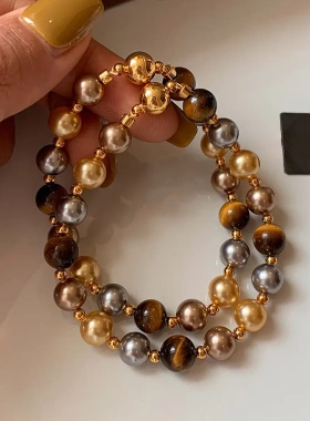 法式复古虎眼石珍珠串珠磁吸手链美拉德时尚手环轻奢高级感手饰女