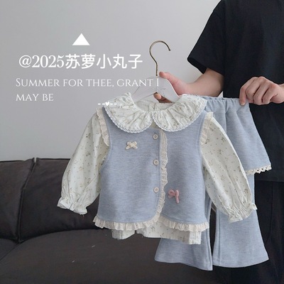 苏萝16083 25秋装新款女童马甲裙裤两件套洋气女宝宝可爱花边套装