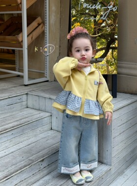 kiai 26春装新款女童格子花边外套卫衣开衫上衣1003牛仔裤1052