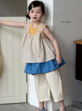 甜菜·26夏款女童花边背心格子吊带裙宽松阔腿裤26189 26138 2669