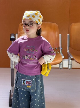 minie moon 26春装春款女童假两件印花T恤宝宝休闲上衣2066