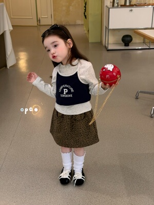 Opao～正品26春装新款女童字母T恤两件套6053女宝宝豹纹短裙5005