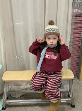 苏右～25冬装新款女童加绒卫衣65103洋气女宝宝条纹宽松卫裤65106