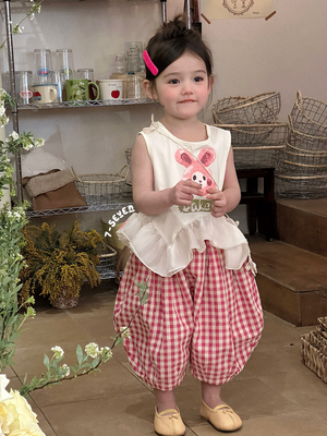 7seven6510+7779女童卡通背心洋气25夏季新款宝宝宽松格子灯笼裤