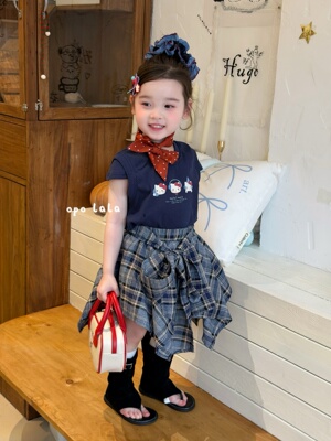 opolala·26夏装女童kitty短袖T恤78120格子不规则半身裙78121