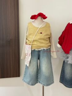 草房子·26春装新款女童花边牛仔裤宽松直筒裤26012