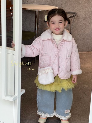 25冬新款女童樱桃刺绣棉衣外套7163花边加绒牛仔裤7209
