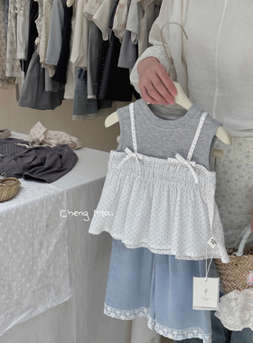 承麦85863+85853女童碎花吊带背心洋气25夏季新款宝宝牛仔九分裤