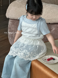 草房子25192+25131女童蕾丝短袖套装洋气25新款女宝宝牛仔阔腿裤