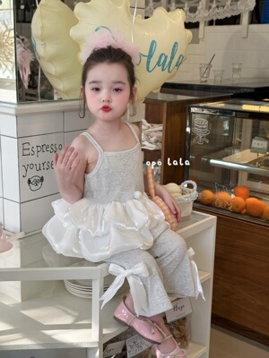 Opolala·26夏季新款女童泡泡软纱小兔吊带微喇裤两件套78138