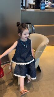 爱尚baby·26夏季新款套装女童薄牛仔花边拼接阔腿裤两件套26230