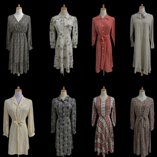 裙子Q127 中长款 vintage古着连衣裙夏季 复古雪纺碎花宽松收腰长袖