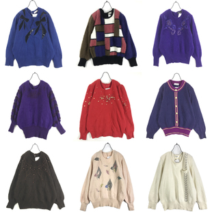 vintage古着孤品日系秋冬安哥拉兔毛森女软妹学院重工套头毛衣TM3