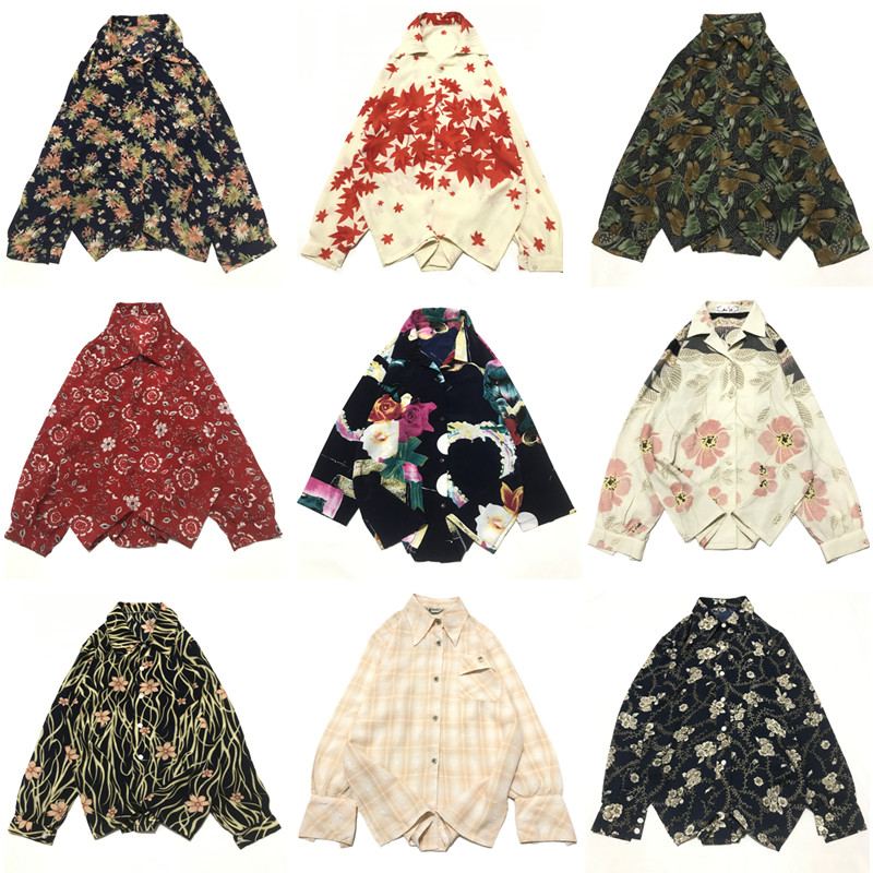 vintage古着夏季复古上衣雪纺碎花印花小清新宽松百搭长袖衬衫F82