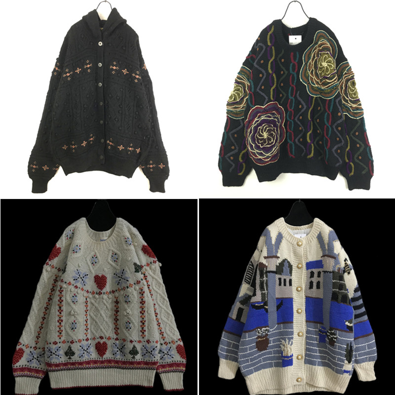 vintage古着孤品日系秋冬重工立体麻花刺绣学院小清新宽松毛衣AB2