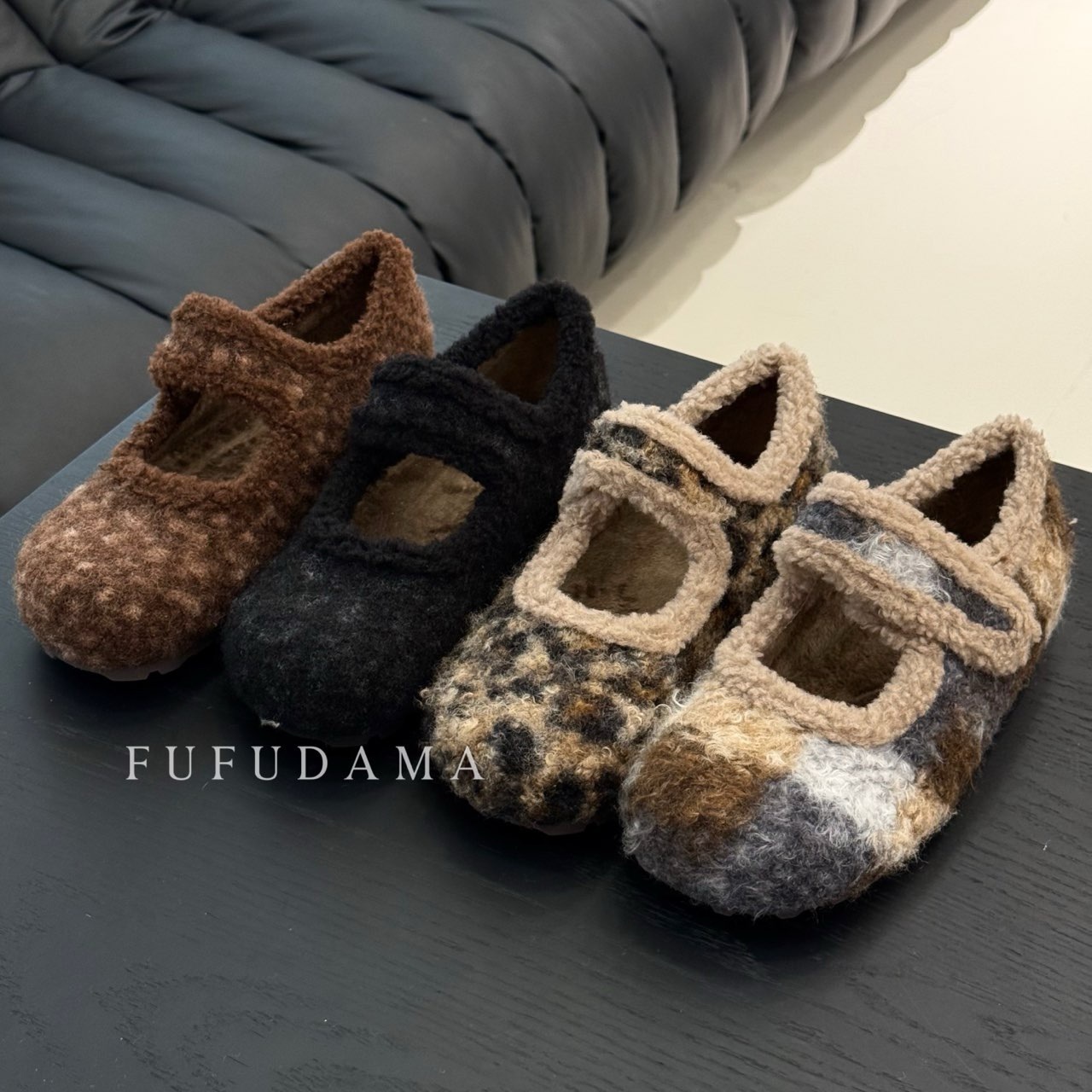 36-42大码宽胖勃肯鞋冬加绒加厚豹纹玛丽珍毛毛鞋外穿韩毛呢棉鞋