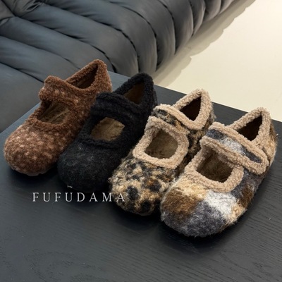 36-42大码宽胖勃肯鞋冬加绒加厚豹纹玛丽珍毛毛鞋外穿韩毛呢棉鞋