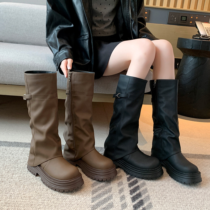 35-44大码宽胖脚复古厚底裤管靴粗腿大筒围粗腿长筒靴加宽高筒靴