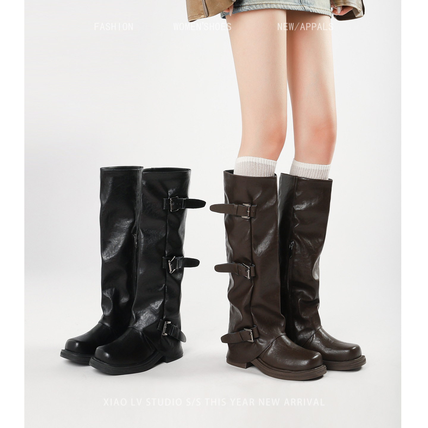 35-43大码厚底胖mm西部靴大筒围骑士靴褶皱堆堆靴粗腿长筒裤管靴