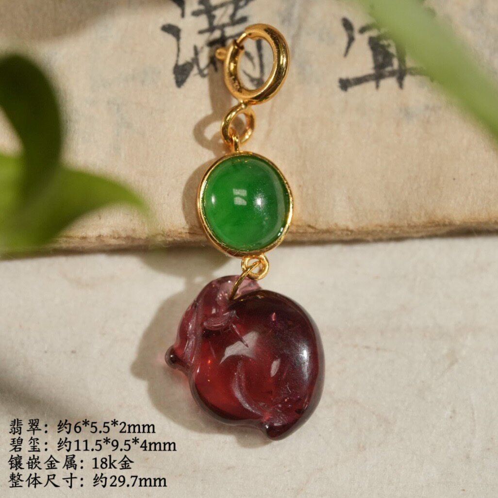 10286-3 18k金镶天然糯冰飘辣绿翡翠蛋面碧玺水蜜桃多宝吊坠项链