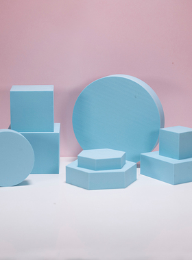 蓝色立方体几何图形圆形搭配拍照摆件 摆拍平面摄影装饰道具