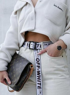 正确版本OFF 18SS OW黄色腰带 WHITE帆布刺绣透明黑皮带200cm美潮