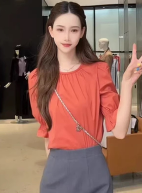 商场同款夏季新款法式复古百搭圆领显瘦泡泡袖中袖衬衫女装130058