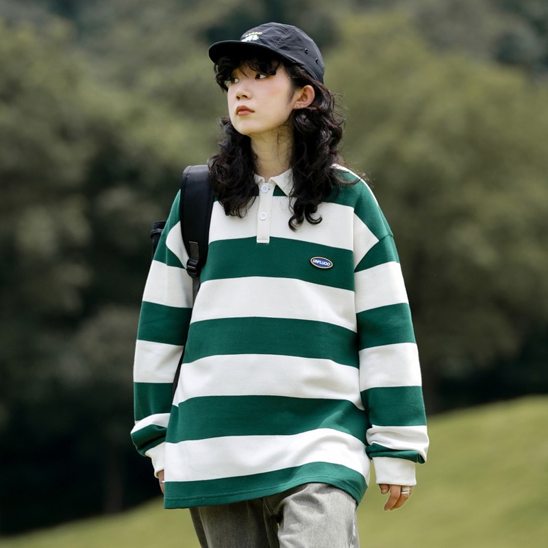POLO衫男女宽松学院风2025春季新款复古宽松条纹上衣服W2381-P52,男装Polo衫,星座610（原A335）